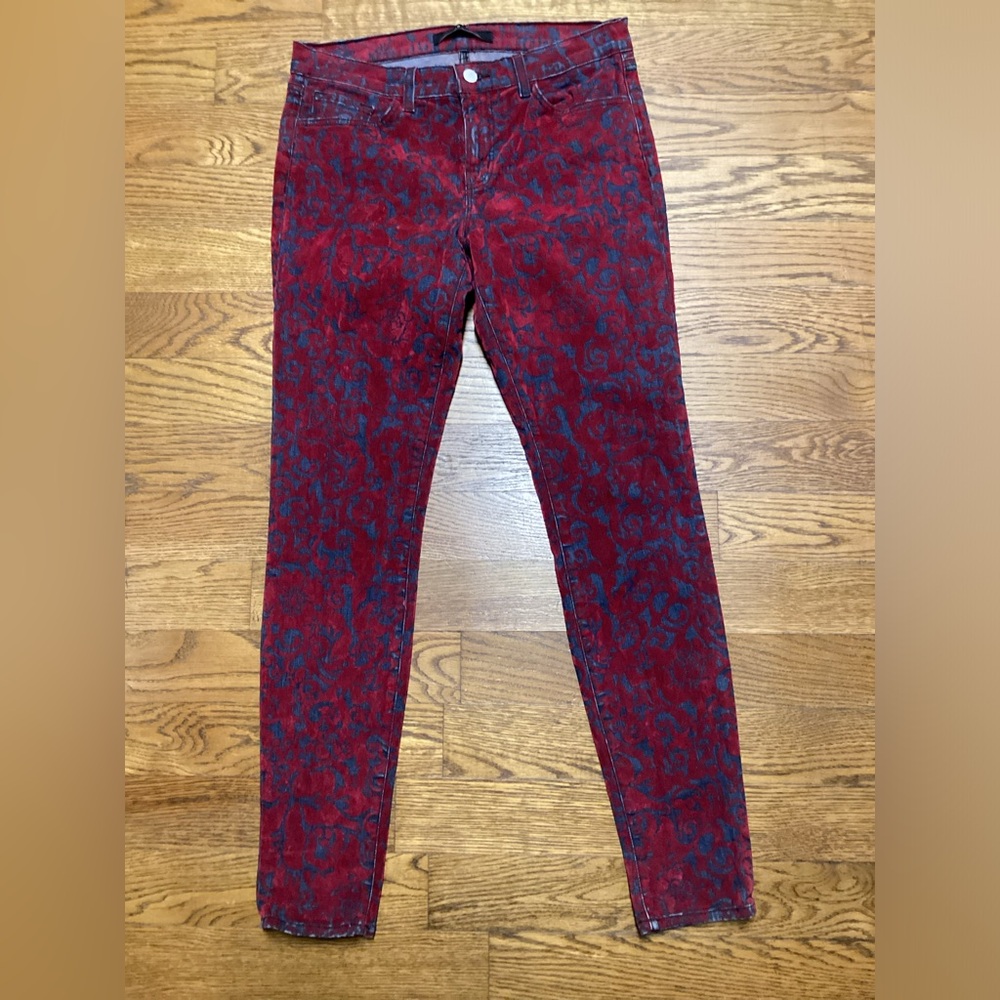J Brand Velvet damask pattern red and blue skinny jeans size 29